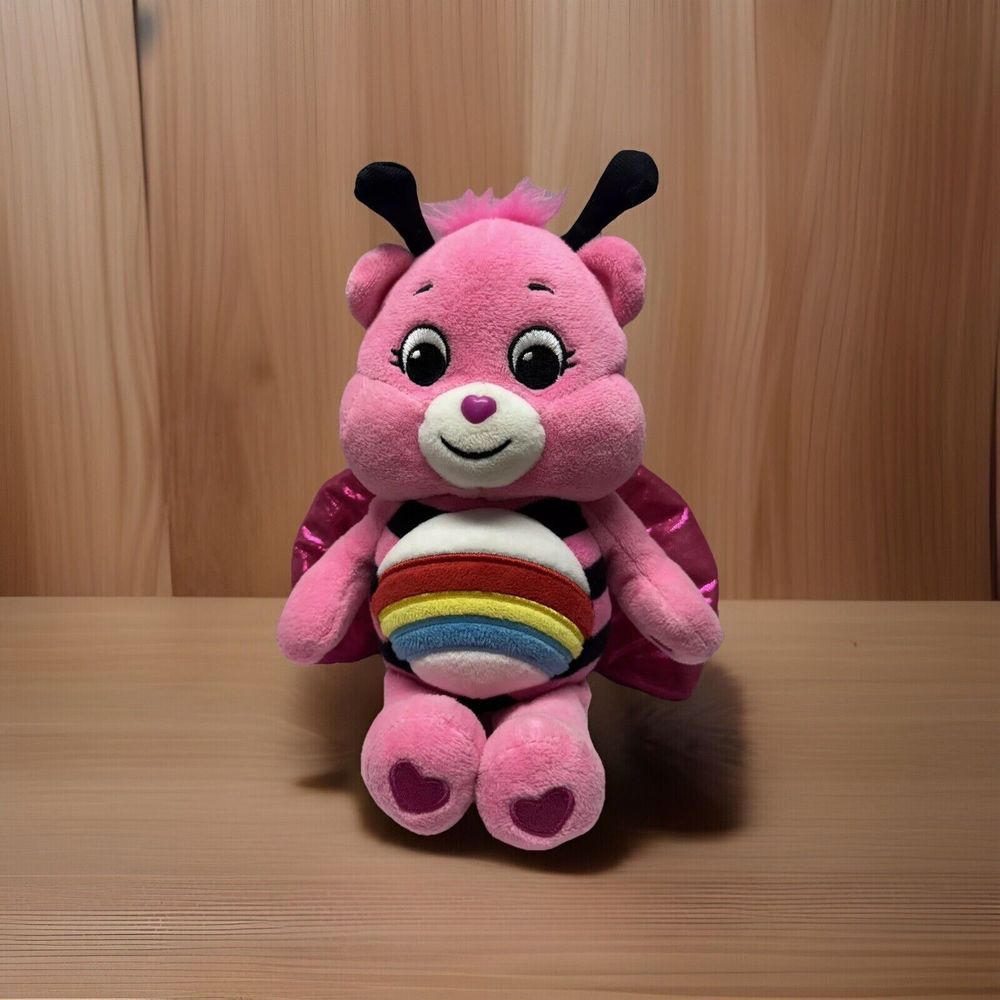 Care Bears Cheer Bear Ladybug Plush Stuffed Animal 9.5" Rainbow Wings Pink Toy